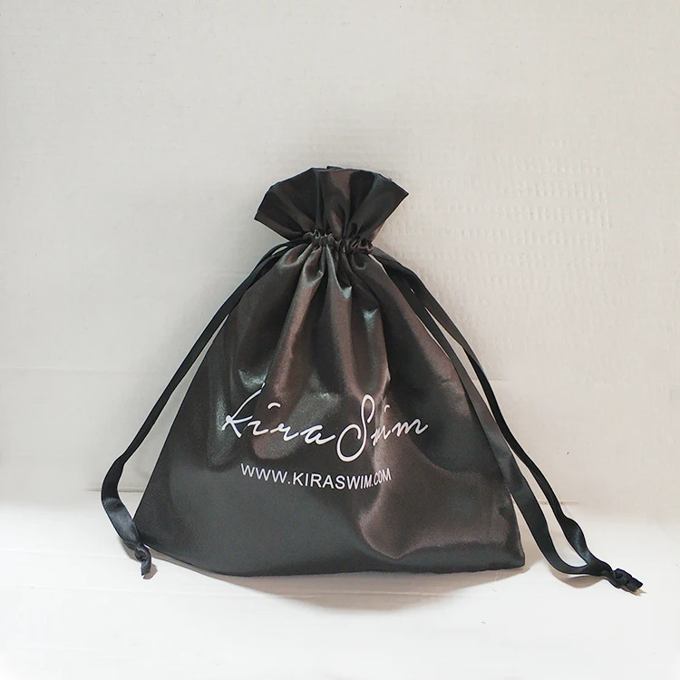 Personalized soft drawstrings satin pouch for cosmetic package, custom gold logo print black hair package dust bag