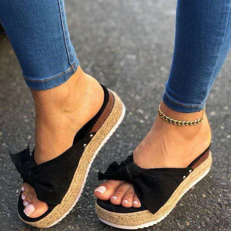 Wholesale 2024 Women Bow Sandals Beach Canvas Hemp Outsole Platform Slippers
