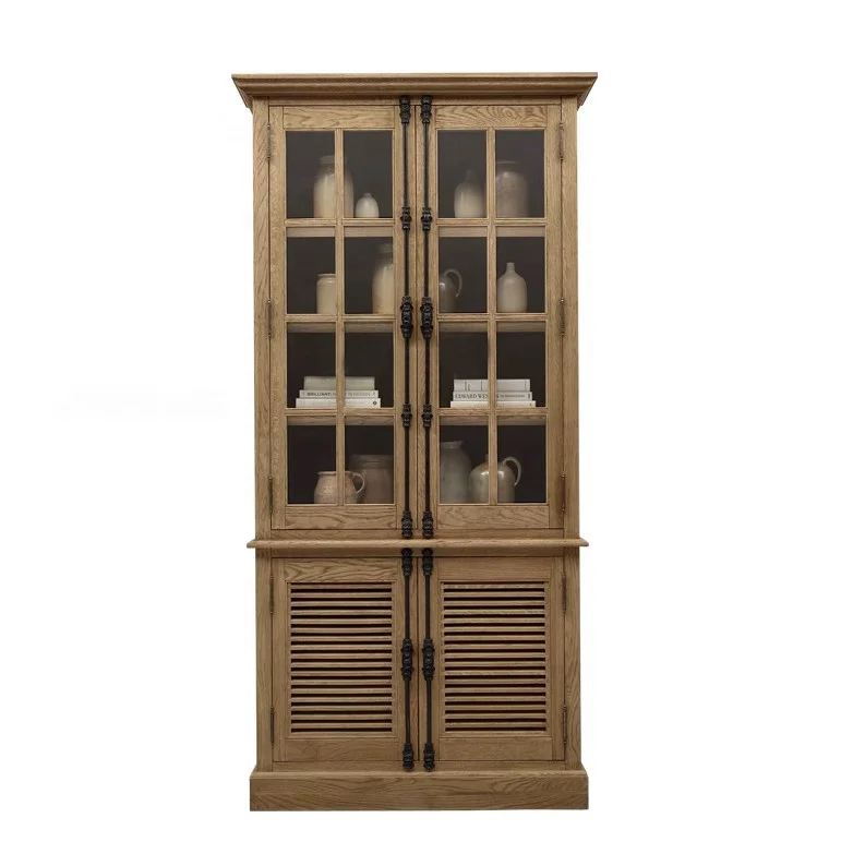 American Rural RH Solid Wood Vintage Restaurant Tableware Cabinet Glass Door Porcelain Cabinet