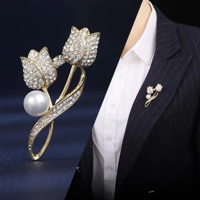 Pearl Flower Brooches Women Elegant Rhinestone Floral Bouquet Lapel Wedding Party Badge Brooch Pins