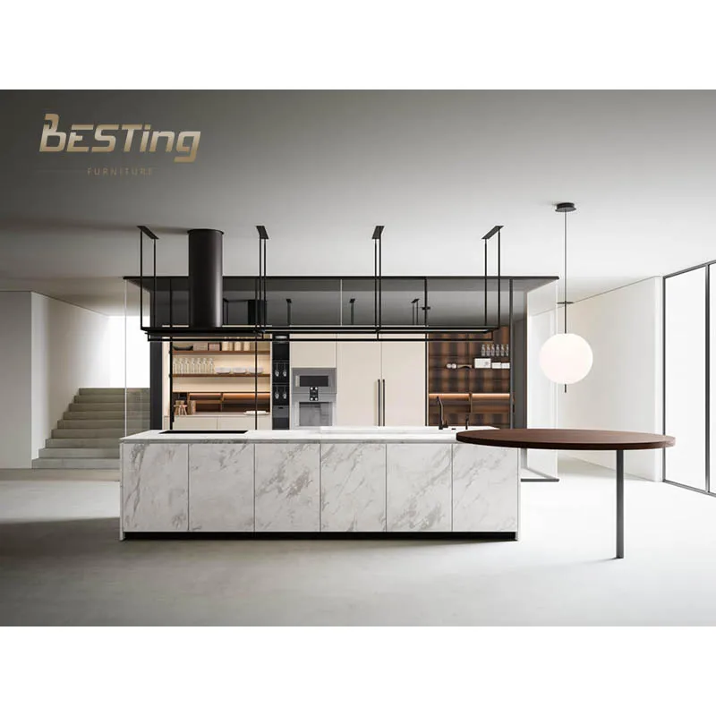 Modern with white color marble island luxury kitchen furniture solid wood kitchen cabinets sets