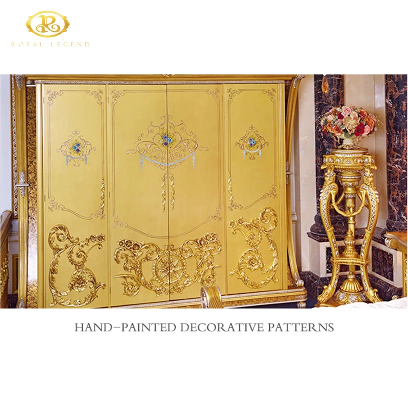 Classic Luxury Palace Style Baroque Gold Foil Crowned King Size Bed for Master Bedroom