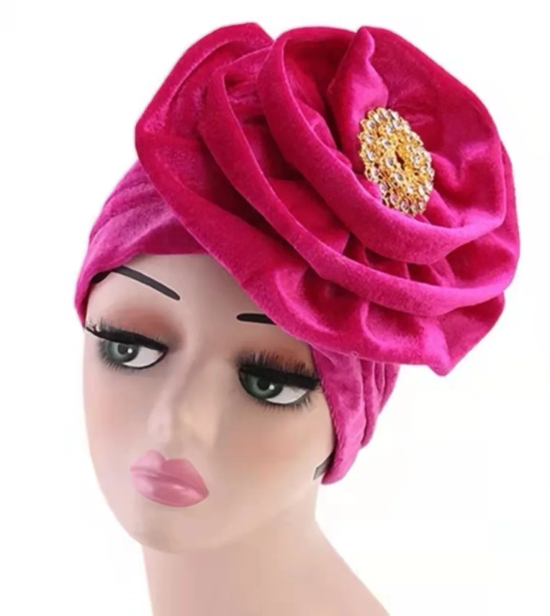 New Multicolor Muslim Women Gold Alloy Diamond Big Flower Velvet Turban Hat Muslim Hijab Indian Hat