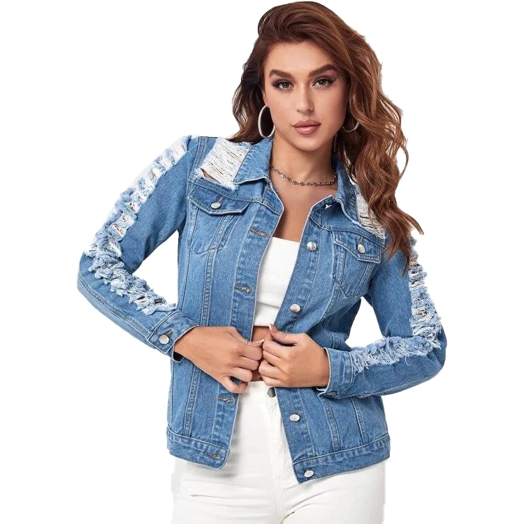 New design Ladies Denim Jacket Women Coat Casual Ripped Holes Womens Jean Jackets