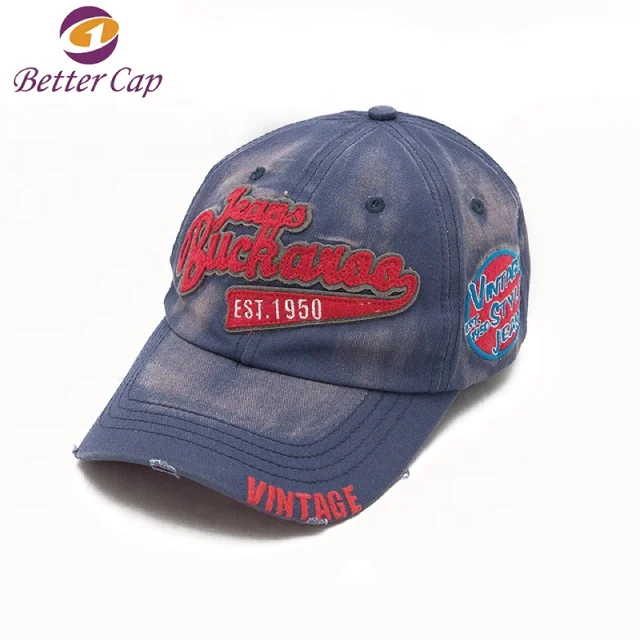 BSCI Factory High Quality Custom Embroidery Logo Vintage Washed Denim Baseball Cap Plain Jeans Distressed Dad Hat