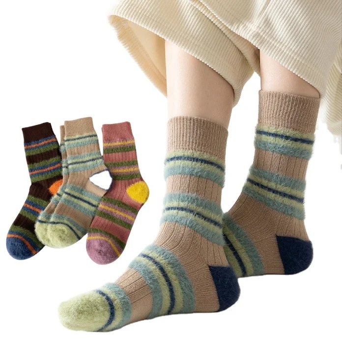 WUYANG FACTORY New design Color Mink Hair Thick Lines Matching Socks Winter Warm Mid-Tube Socks Fuzzy Socks Warm
