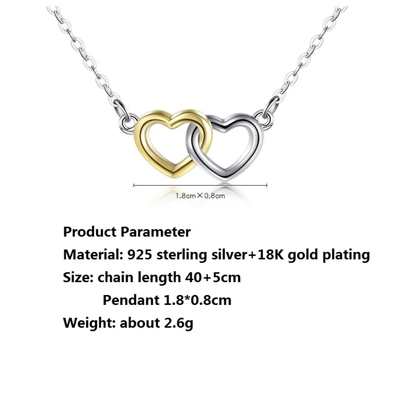 Sweet and lovely s925 sterling silver double heart necklace temperament color separation plating chain pendant female