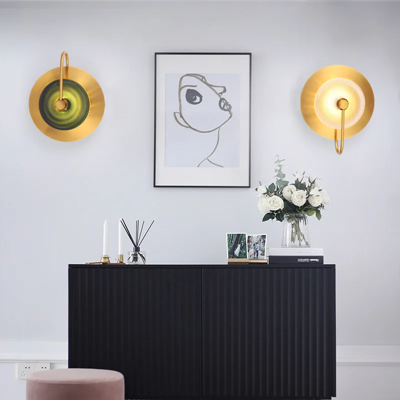 Oriental Interior Design Lighting Round Glass Cover Golden Wall Hanging Lamp Sconce Night Light for Bedroom