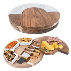 Wholesale round natural acacia wood cheese serving board with 3pcs knife fork cutlery tools and ceramic bowl