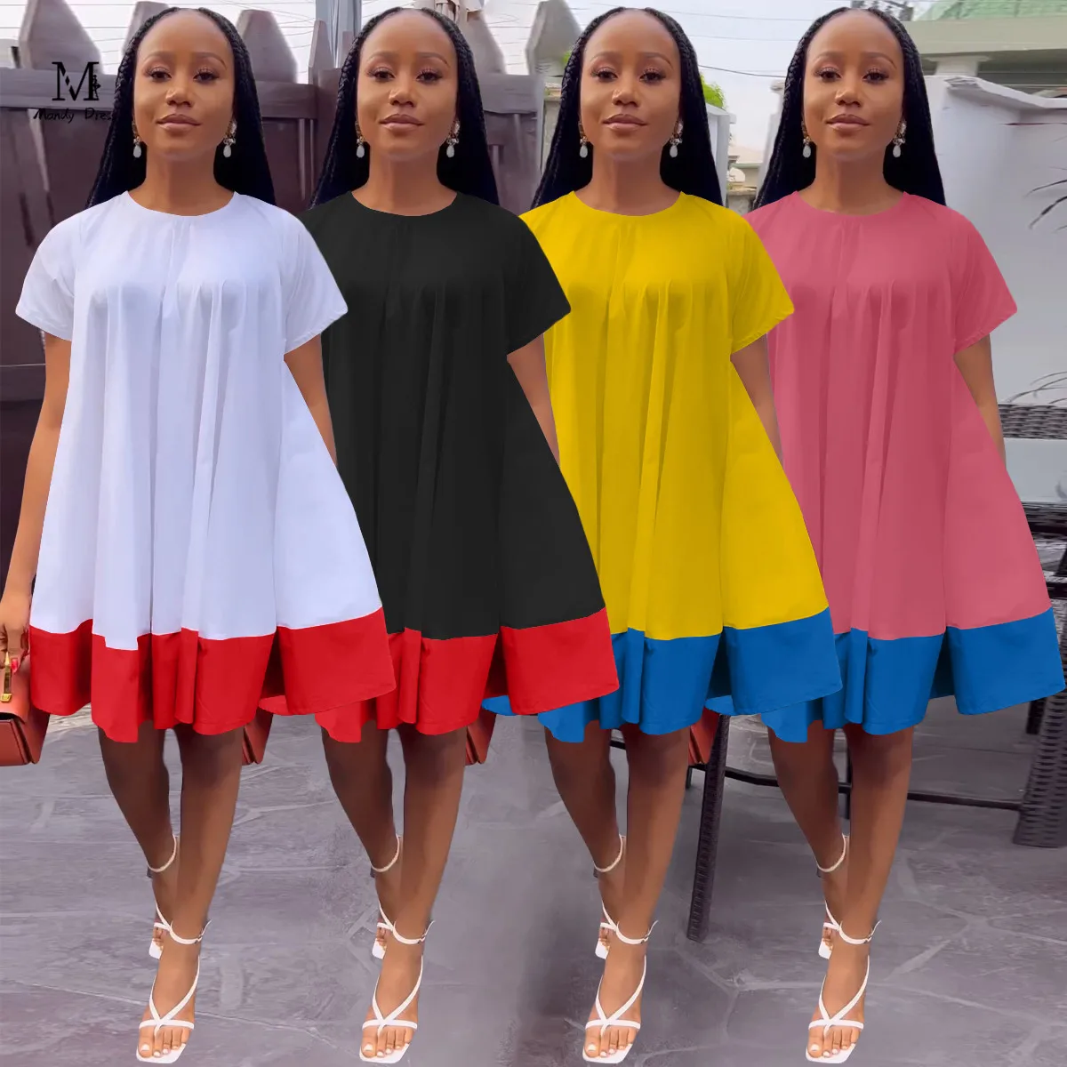 Casual Women Short Dresses Loose Short Sleeve Patchwork Spring Summer Clothing For Ladies Vintage Mini Dress
