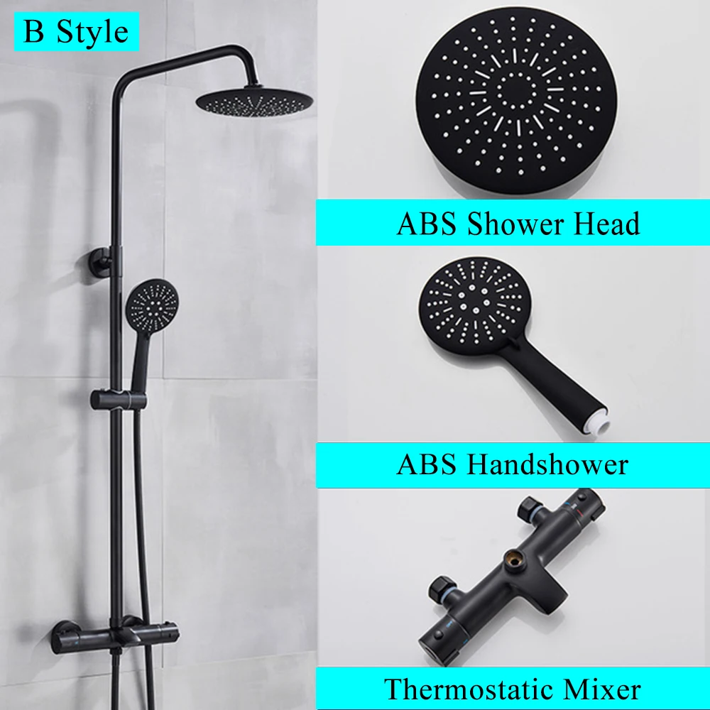 Rozin Black Thermostatic Shower Faucet Bathtub Thermostatic Control Shower System Kit Hot Cold Temperature Faucets Shower