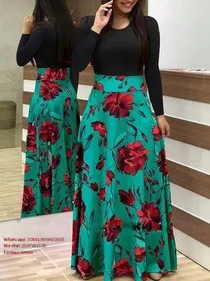 Custom Ecoparty Autumn Women Dress Female Fashion Long Sleeve Floral Print Long Maxi Dress Ladies Casual Ankle-Length Vestido