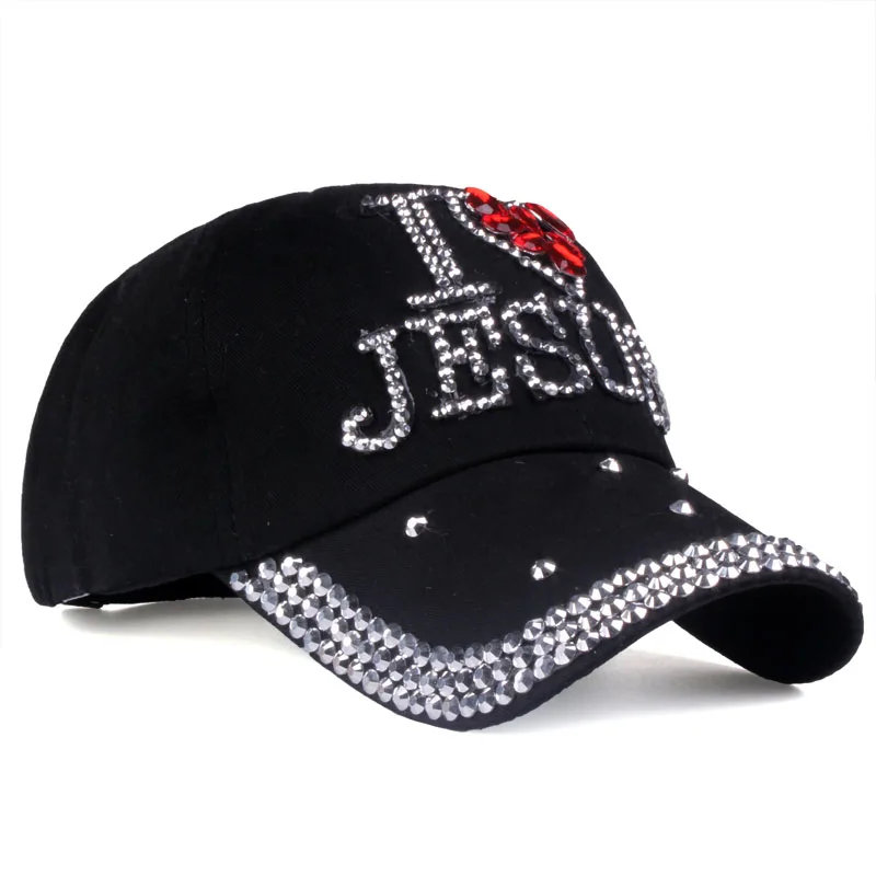 Wholesale Fashion Baseball Caps High Quality Bling Hats For Women Custom JESUS Cotton Cap Adjustable Rhinestone Denim Cap Hat