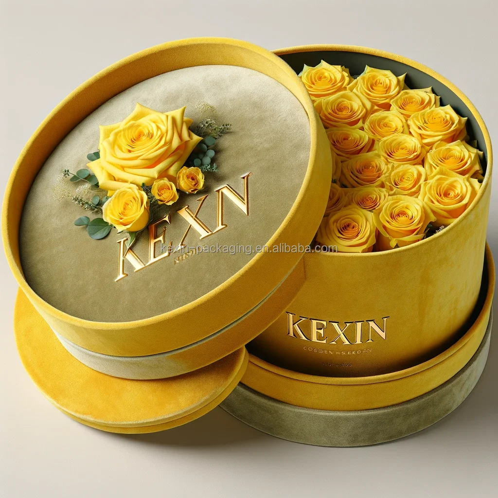 High Quality Round Shape Hat Flower Box For Flower Display Bouquet Boxes With Logo Velvet Round Flower Box With Ribbon Design