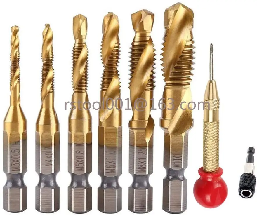 1/4 Inch Spiral Hex Shank Combination Drill Screw Tap Bit Set M3-M10 Thread Tap Set Automatic Center Punch 60mm Extension Rod