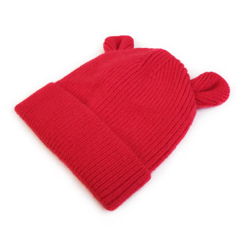 Colorful Ribbed Beanie Hat With Bear Ears For Kids Knit