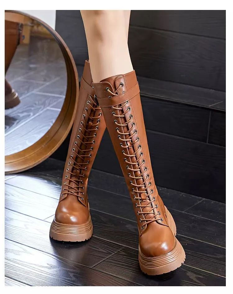 Fashion Leather Boots Platform Lace-Up Black Thick-Soled Knee-High Knight Leather Boot