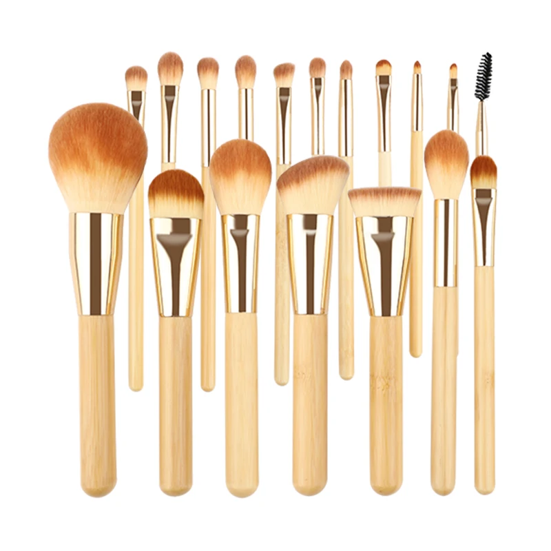 HMU High Quality Vegan 18pcs Bamboo Handle Eco Friendly Make Up Brushes Natural Cosmetic Gold Bamboo Makeup Brush Set