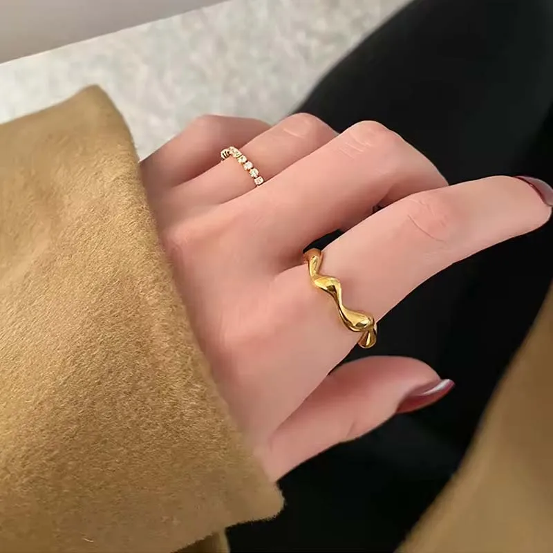 AOFEI Jewelry 18K Gold Plated Wonky Squiggle Stainless Steel Trendy Fashion Wave Ring