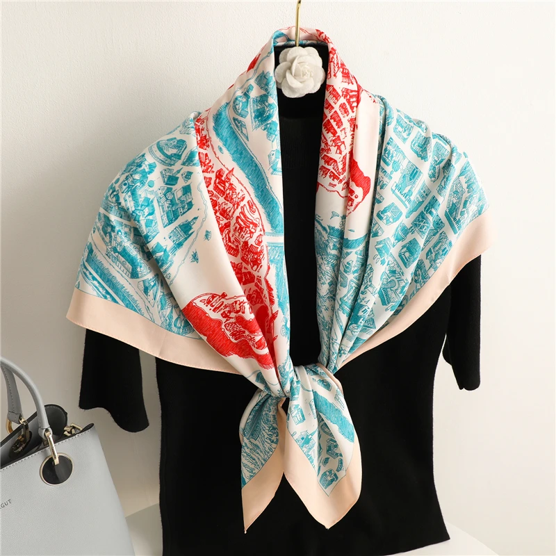 90cm Horse Printing Scarf Women Luxury Brand Bandana Handmade Machine Twill Silk Square Hijab Scarf Foulard Head Scarves Shawl