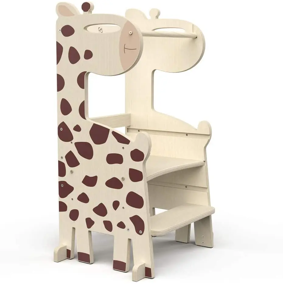 3-Level Adjustable Wooden Giraffe Kitchen Helper Step Stools for Kids Toddler Montessori Learning Standing Tower