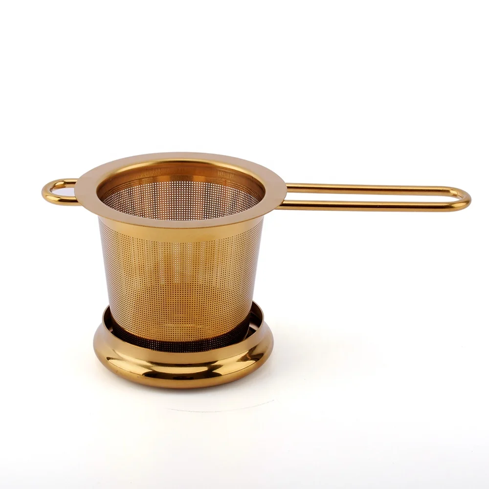 Gold Stainless Steel Tea Infuser Strainer Basket for Loose Leaf Tea with Lid and Fixed Handle