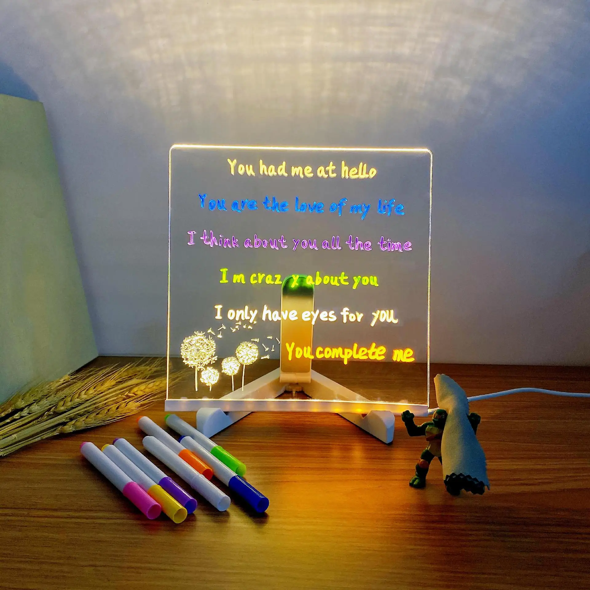 Acrylic Dry Erase Board with LED Light Rechargeable Stand round round LED Letter Message Board for Office School Home Bedroom