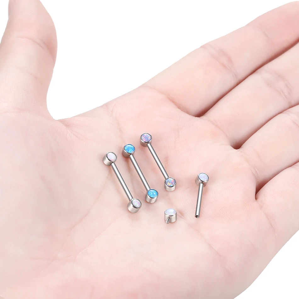 G23 Titanium Internally Thread Opal Nipple Barbell Rings Piercing CZ Tongue Bars Industrial Helix Stud Piercing Jewelry