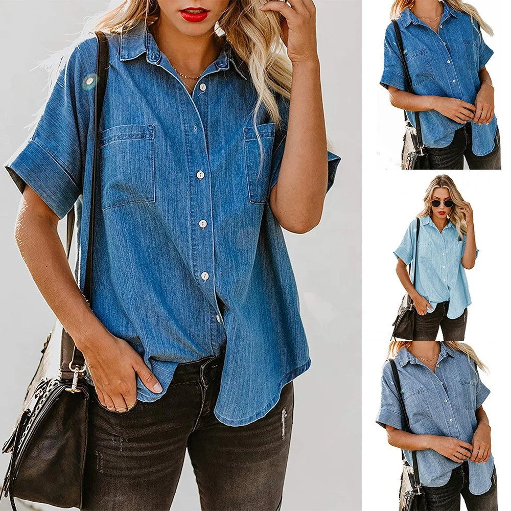 WC001 ODM OEM wholesale summer casual loose fashion denim tops Long Sleeve lapel simple pocket blouse women denim shirt