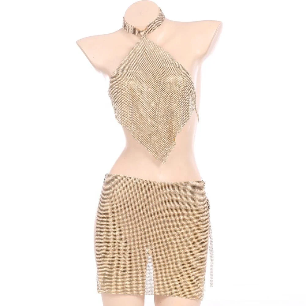 Gold Silver Colors Sequins/Rhinestone Body Chain Dress Metal Mesh Bra Choker Chainmail Charm Female Party Club Jewelry