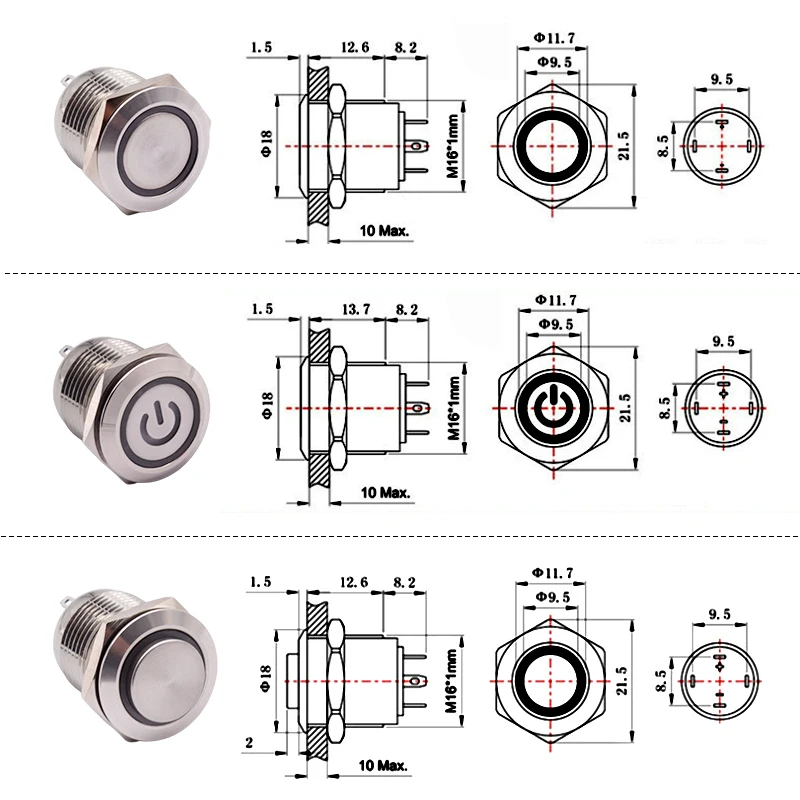 Waterproof Stainless Steel 12 V Momentary On Off Metal Push Button Switch 24V Panel Mount 16mm LED Light Red Blue Green Switch