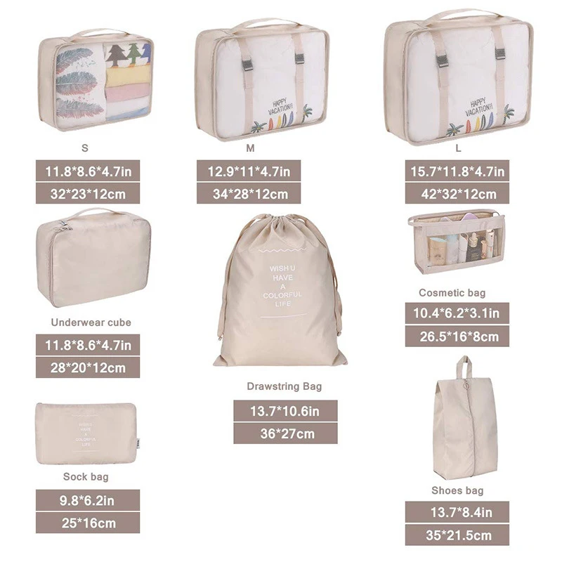 Customized Waterproof Travel Essentials Storage Suitcases Polyester Packing Cube 8 Piece Set Travel Organizer Bags For Luggage