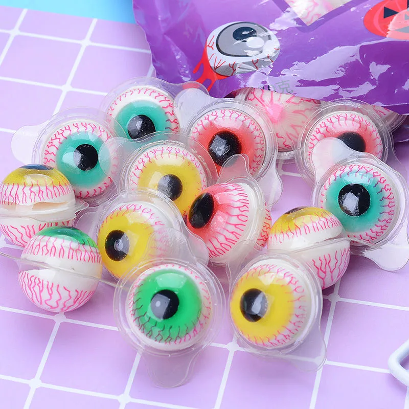 Hot sell wholesale custom halloween bag funny eye gummy sweet OEM fruit taste eyeball shape soft candy