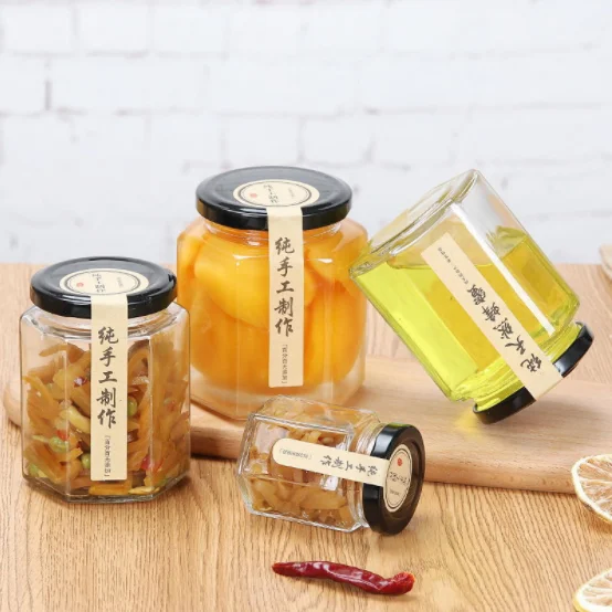 Food grade hexagonal honey glass jar jam pudding jar with screw metal lid 45ml 85ml 100ml 180ml 280ml 380ml 730ml