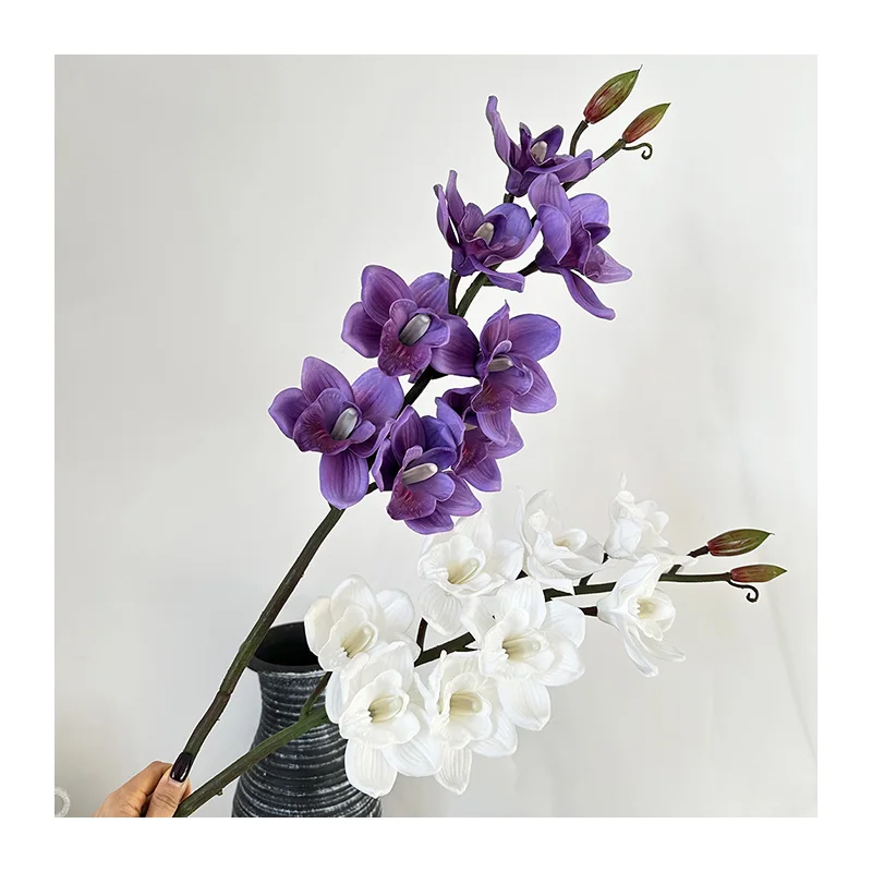 PU 8 Heads Cymbidium Real Touch Silk Phalaenopsis Artificial Orchid Flowers Wedding Home Room Garden Decoration Graduation