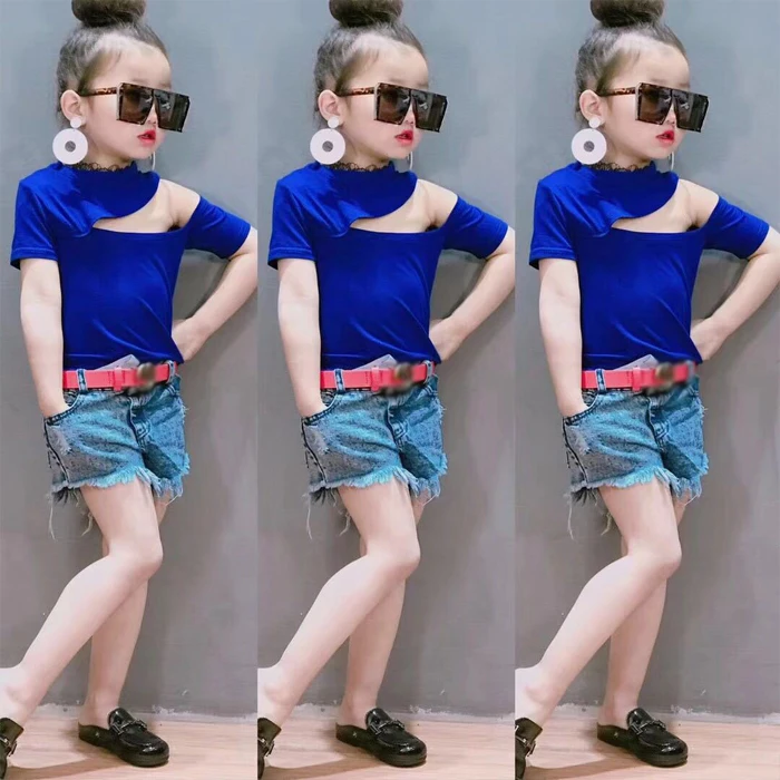 
Fashion Toddler Girl Modal cotton Off The Shoulder Summer Shirt Cute Girl Blue Black White Stylish Bottoming Shirt 