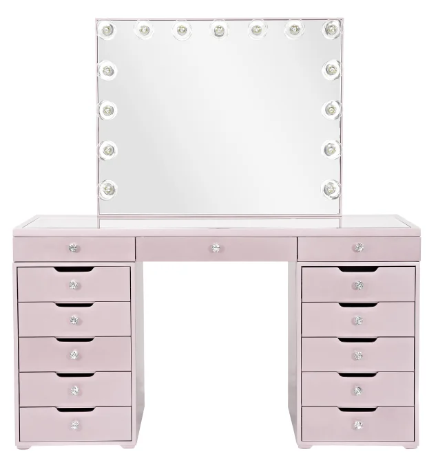 
2021 Hottest style OEM hotel bedroom apartment 13 drawers cheapest Makeup station vanity table with lighted mirror 