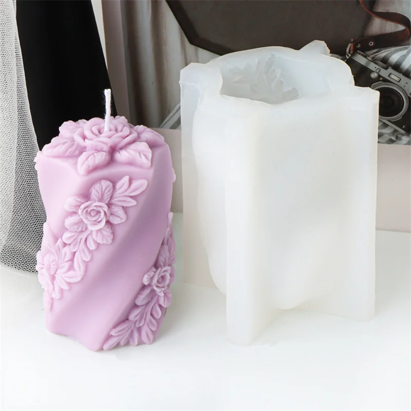 3D Relief Bees Cylindrical Floral Pillar Candle Silicone Mold DIY Geometric Twisted Leafed Rose Twisted Column DIY Gift Decor