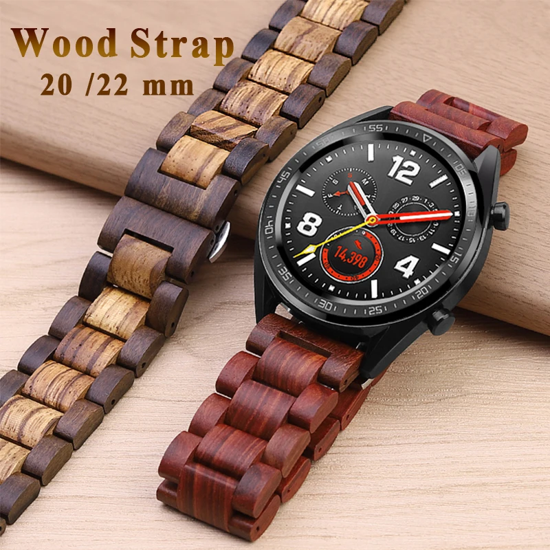 20mm 22mm Wood Watch band for huawei  GT 2  Galaxy 42 46mm Stainless Steel buckle Strap Replacement wooden watch band