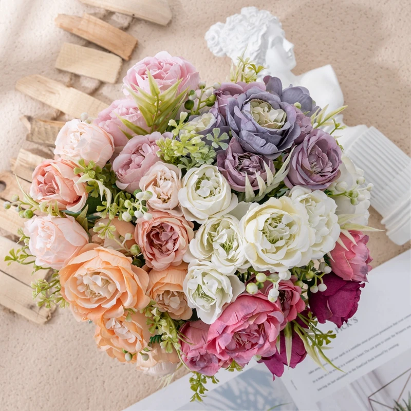 MW55506 High Quality Holding Silk Artificial Nice Peony Flower Wedding Bouquet With Plastic Greenery Accessories Faking Flower