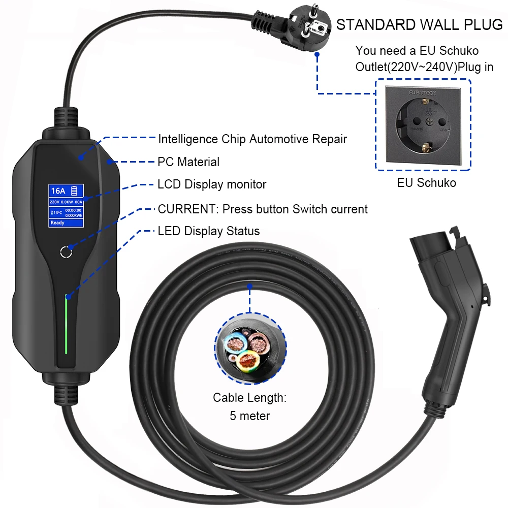 Custom Level 1 3.5kw 6A 8A 10A 13A 16A Type 1 Portable Car Ev Charger