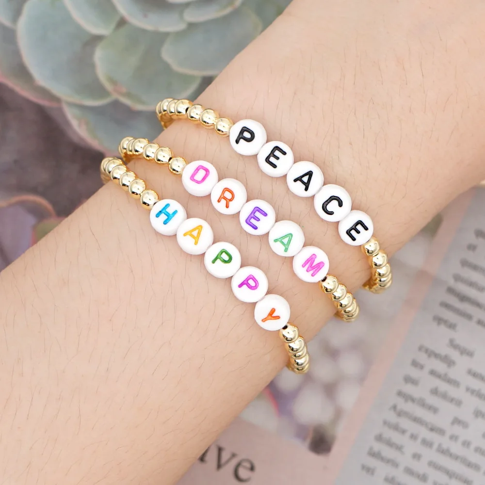 DIY 4mm Acrylic Alphabet Letter Gold Beads Bracelet for Ladies Children Gift