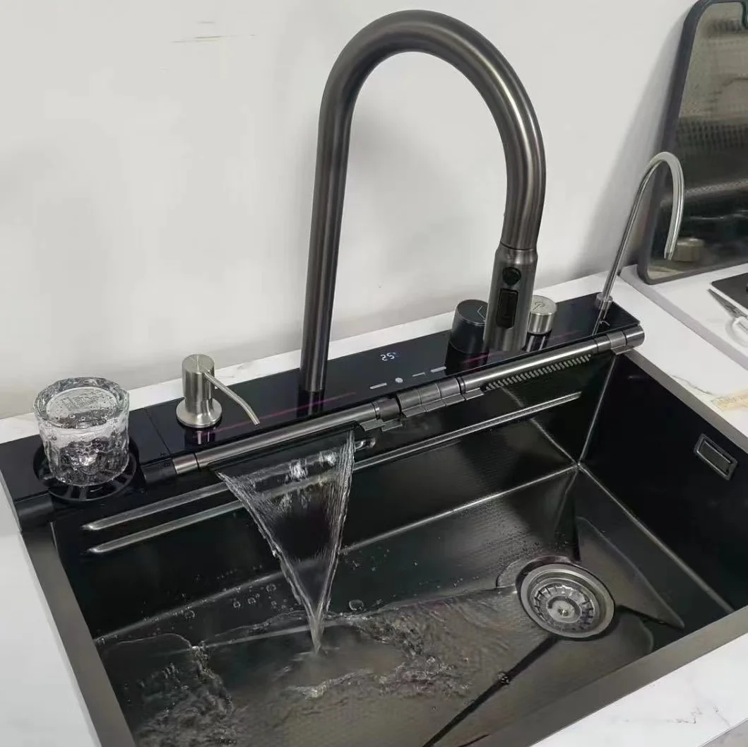 201/304 Stainless Steel Single Bowl Anti-rust Anti-scratch Handmade Digital Display Waterfall Bottom Black Kitchen sink