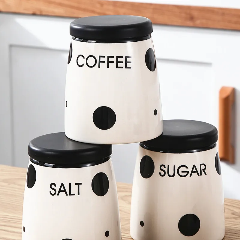 America kitchen storage tea coffee sugar canister set polka dot design ceramic food storage jar with lid