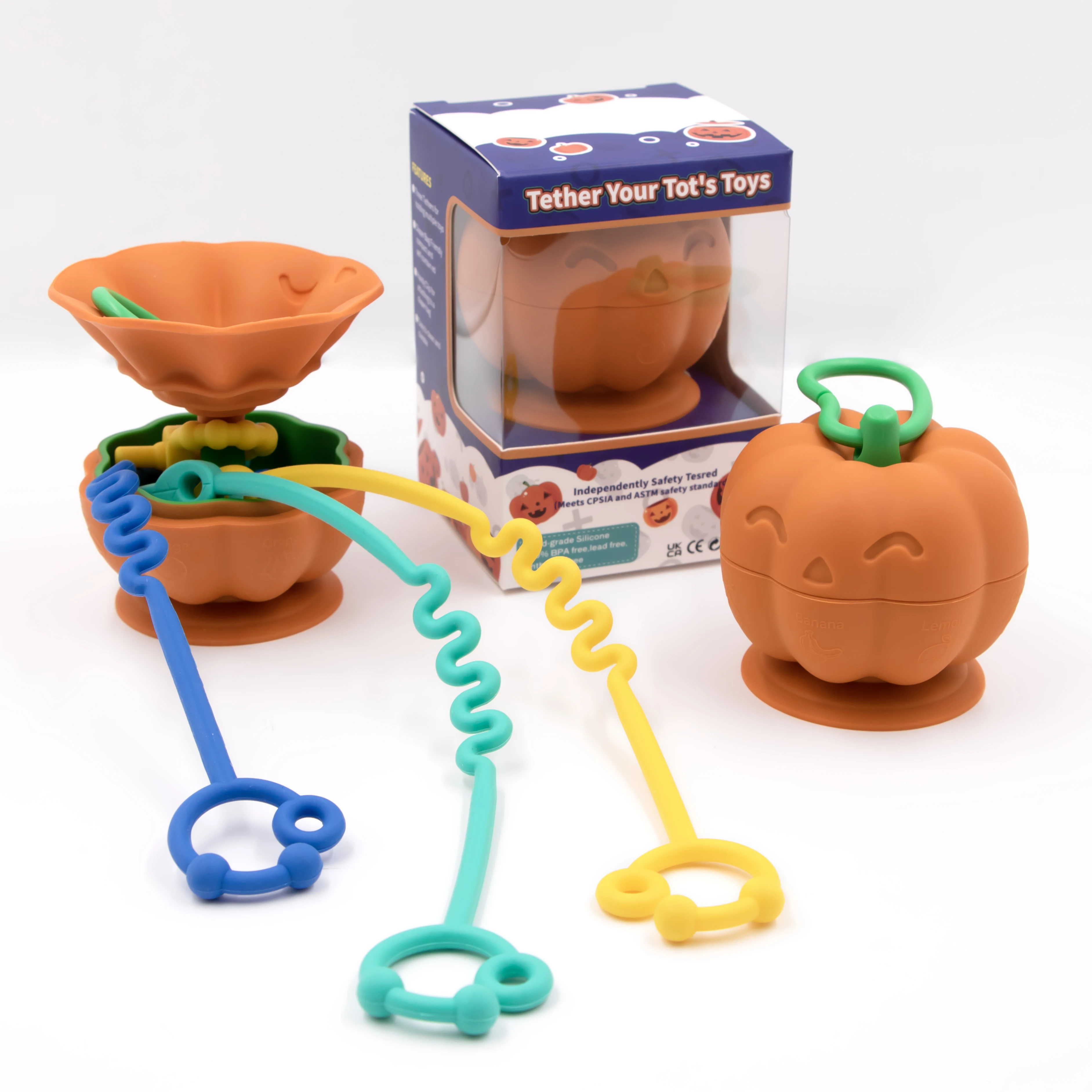 Wholesale  Silicone Teether Suction Cup Toy Halloween Pumpkin Shape Baby Teether Toy For Kids With Baby Toy Strap