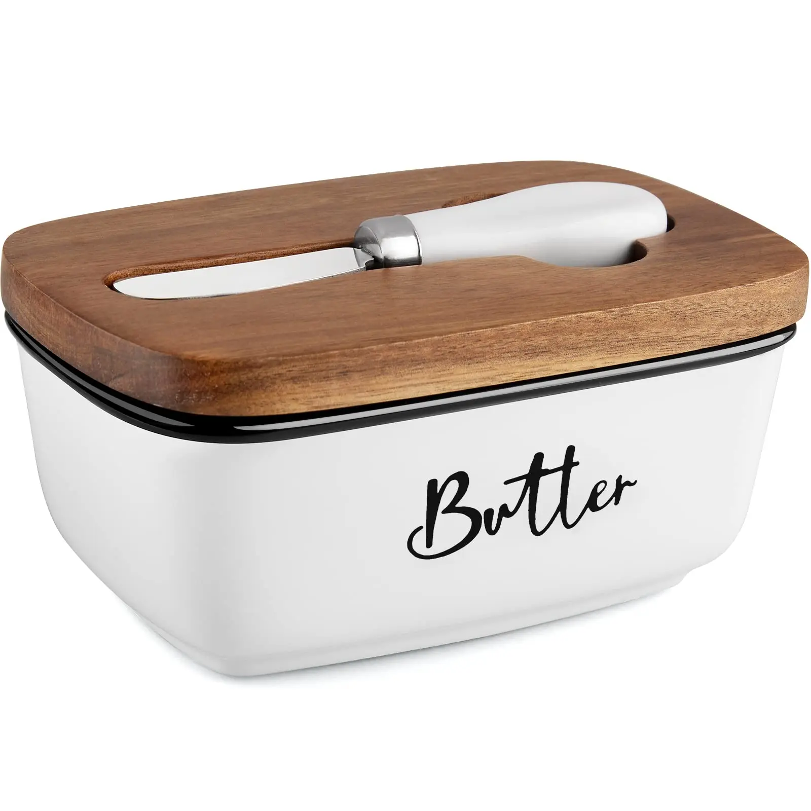 Luxury Ceramic Butter Dish with Lid and Knife Ceramic Customize Butter Container with Thick Acacia Wood Lid