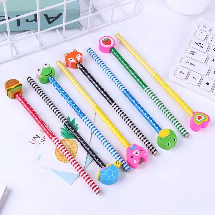 High Quality Pencils With Topper Eraser Wood Animal Eraser Pencils Back to School Stationery Cheap HB Pencils