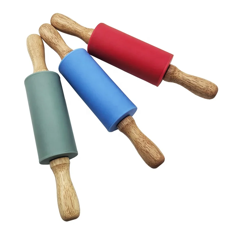 Wholesale Mini Silicone Embossing Rolling Pin For Noodle And Fondant Silicone Rolling Pin With Wooden Handle