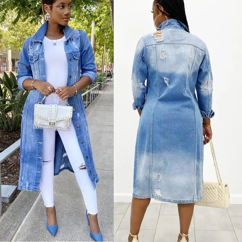 Wholesale Denim Long Trench Coat Street Style Ripped Denim Jacket for Women Long Sleeve Hollow Out Tassel Long Denim Coat