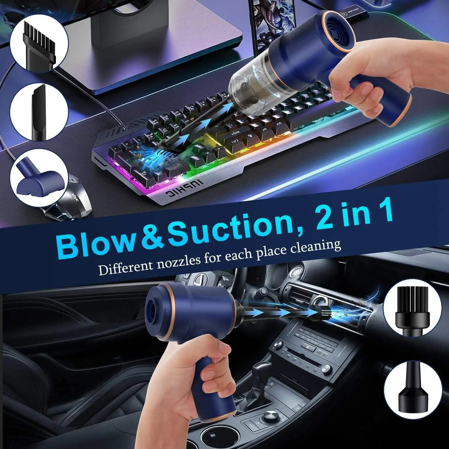 Portable Mini 3-in-1 Rechargeable Handheld Car Vacuum Cleaner Wireless USB Powered with LED Light Washable Filters for Dry Use